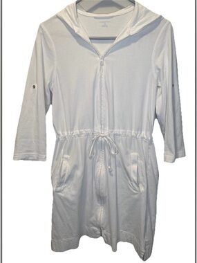 White Hooded Zip Front Drawstring Cover-Up